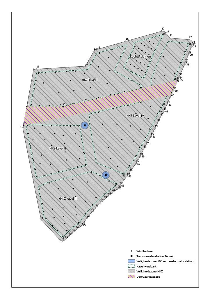 Kaart veiligheidszone Hollandse Kust (zuid) inclusief doorvaartpassage