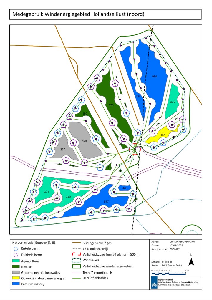 Figure 2 Zoning map of the Hollandse Kust (north) wind energy area, plot V with the available areas for shared use