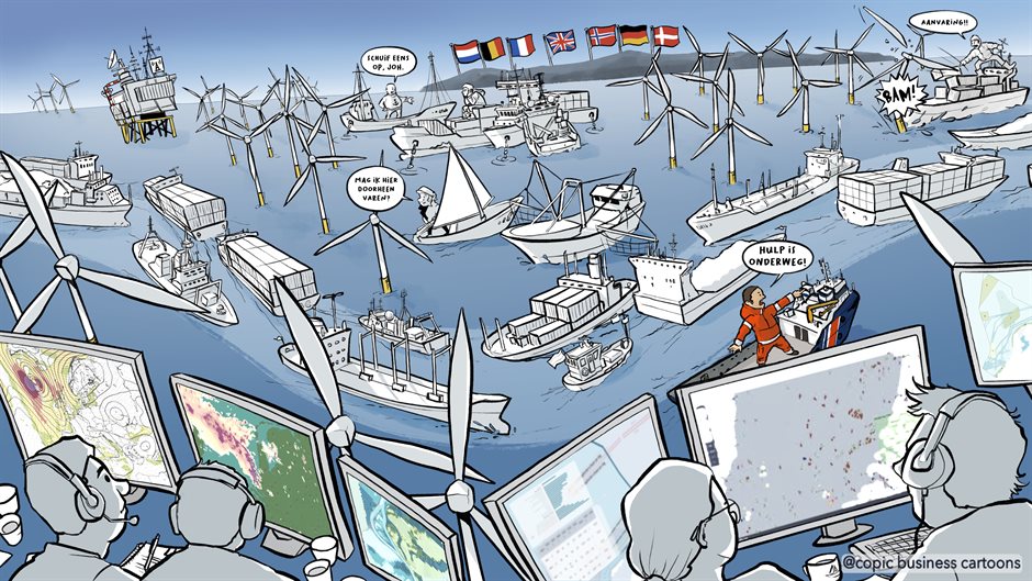 Prent Scheepvaart en windparken op de Noordzee