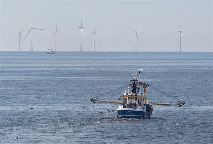 Vissersboot bij windpark op de Noordzee