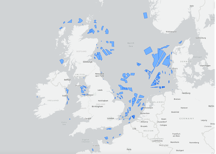 Geplande windparken voor 2030 in de Noordzee