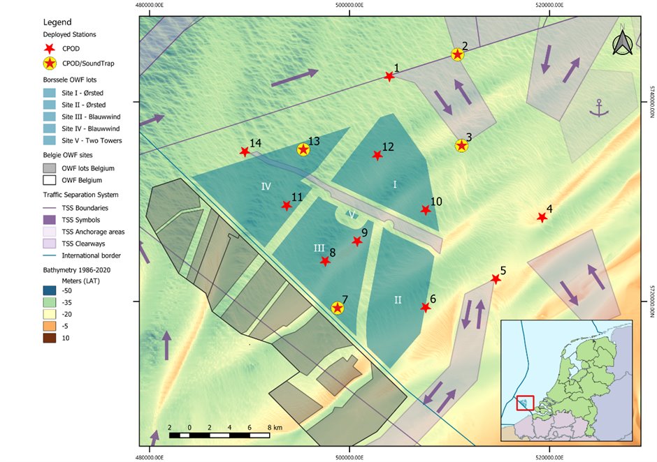 Ligging van de 14 meetstations in en rond windpark Borssele